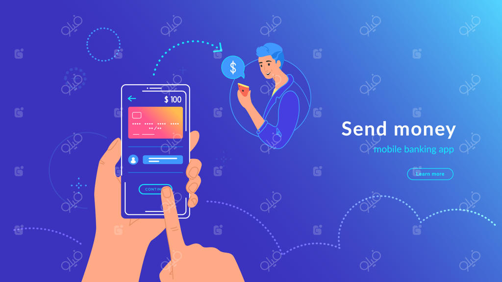 بانکداری موبایل و انتقال پول از کارت اعتباری با استفاده از اپلیکیشن کیف پول الکترونیکی به راحتی و بی‌سیم. تصویر برداری روشن از دست انسانی که یک تلفن هوشمند با کارت بانکی را برای انتقال پول نگه داشته است.