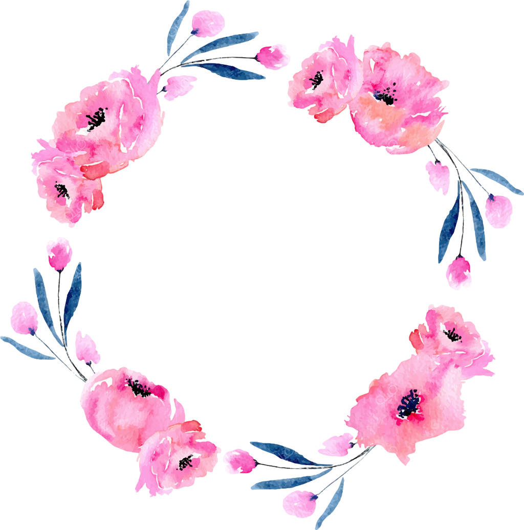 تاجی از گل‌های شقایق صورتی و شاخه‌های آبی در آبرنگ