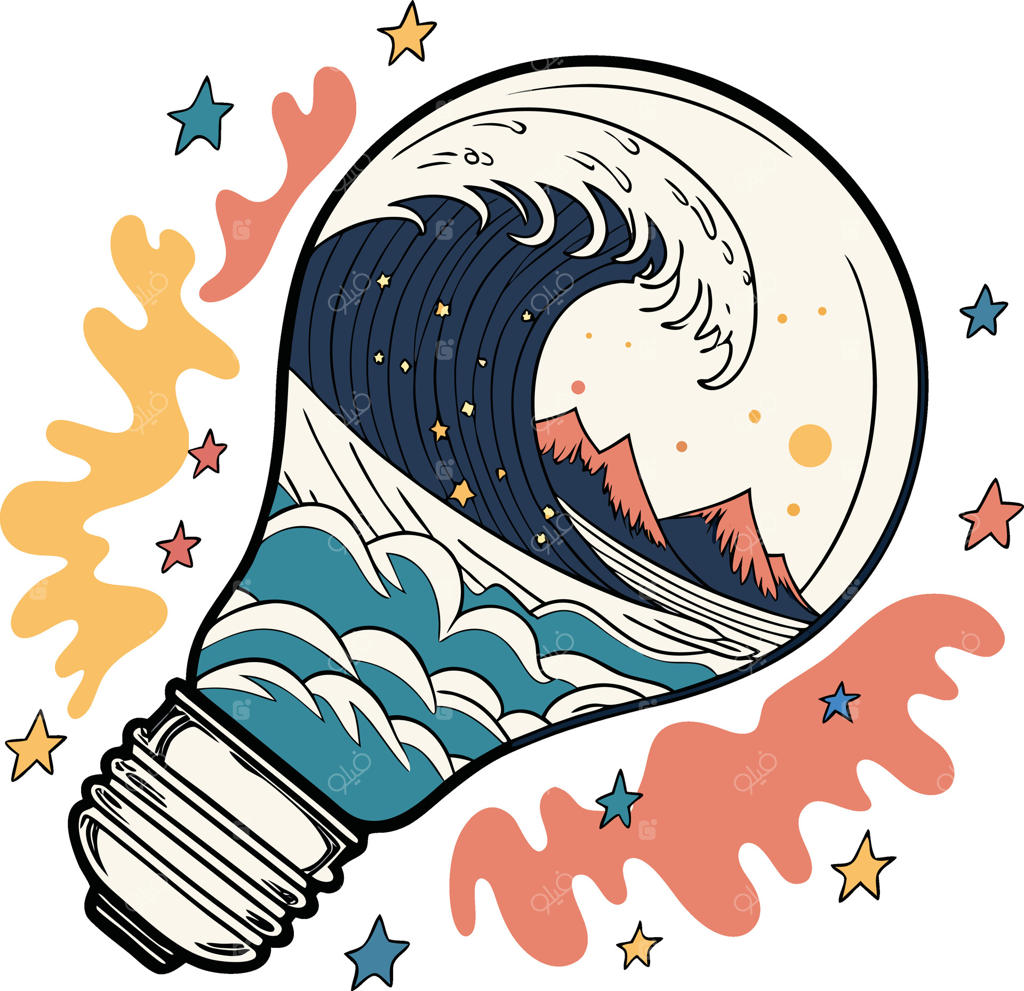 موج اقیانوس در لامپی با ستارگان و اشکال انتزاعی