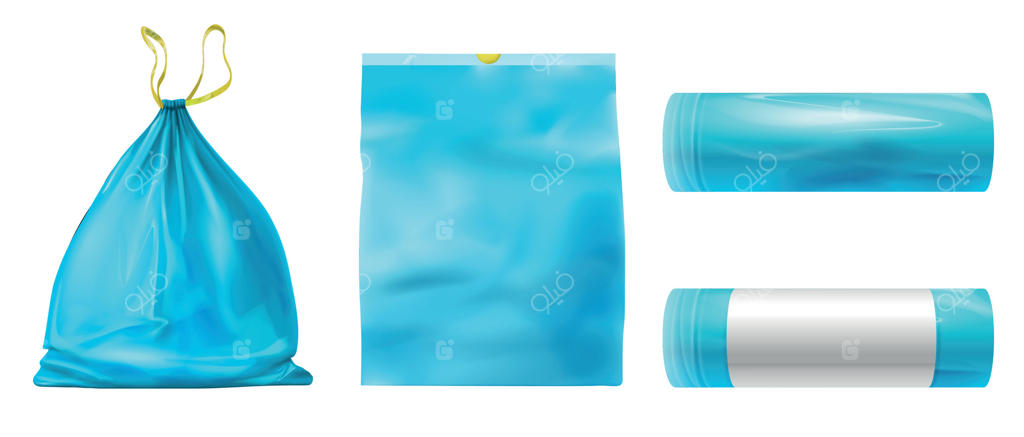 ماکت کیسه زباله پلاستیکی؛ بسته کامل، خالی و رول بسته‌بندی. کیسه‌های بازیافتی واقع‌گرایانه با نخ، مناسب زباله و آشغال