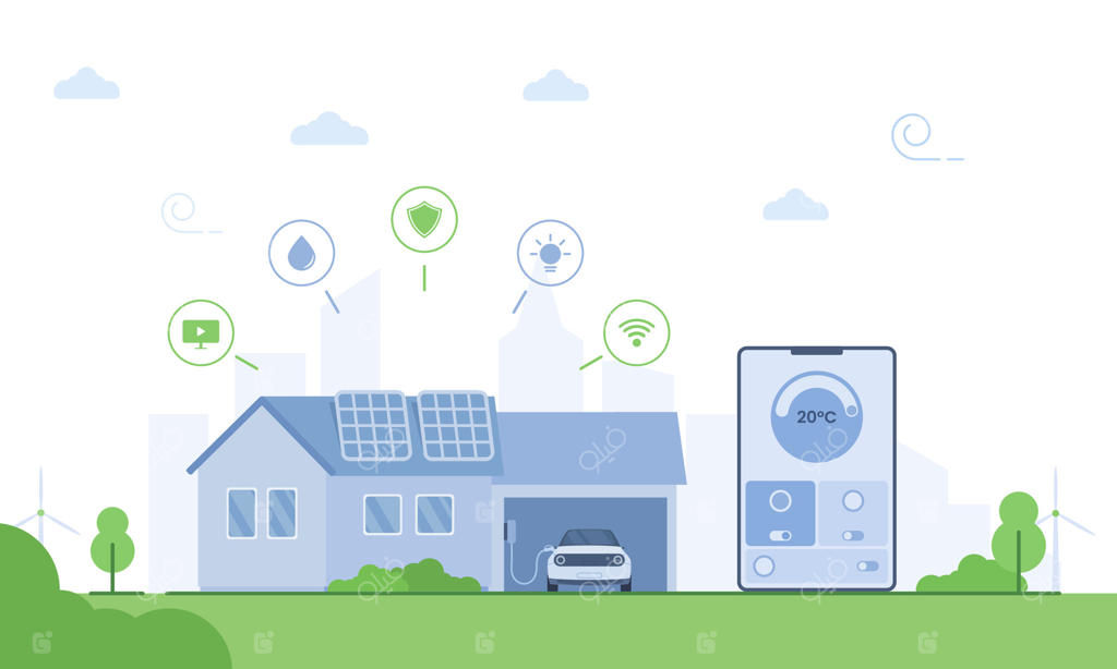 مفهوم خانه هوشمند با خانه‌ای مجهز به پنل‌های خورشیدی، ایستگاه شارژ خودرو الکتریکی و کنترل از طریق اپلیکیشن گوشی هوشمند. ویژگی‌ها شامل کنترل دما، امنیت و بهره‌وری انرژی.