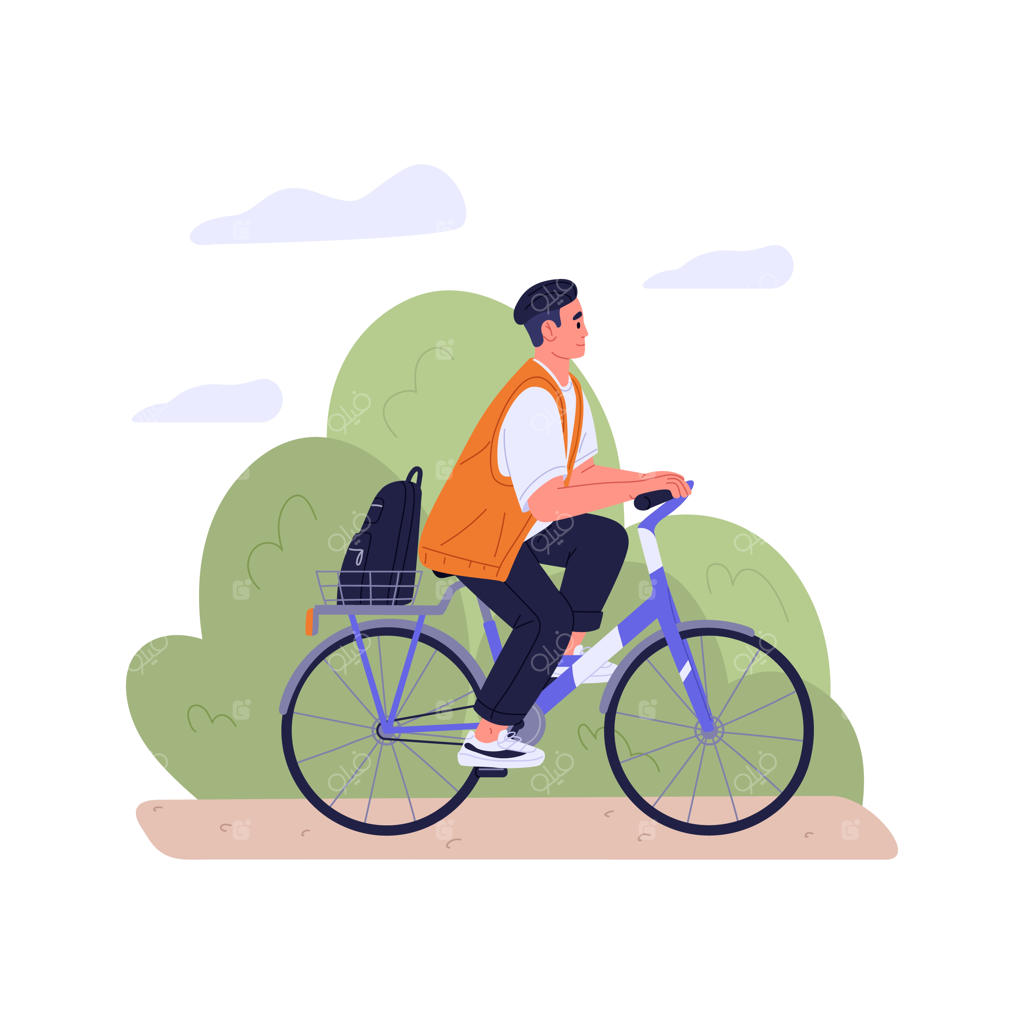 دوچرخه‌سواری شاد در جاده پارک - مرد دوچرخه‌سوار در طبیعت - فعالیت در فضای آزاد، تصویرسازی تخت وکتور، پس‌زمینه سفید