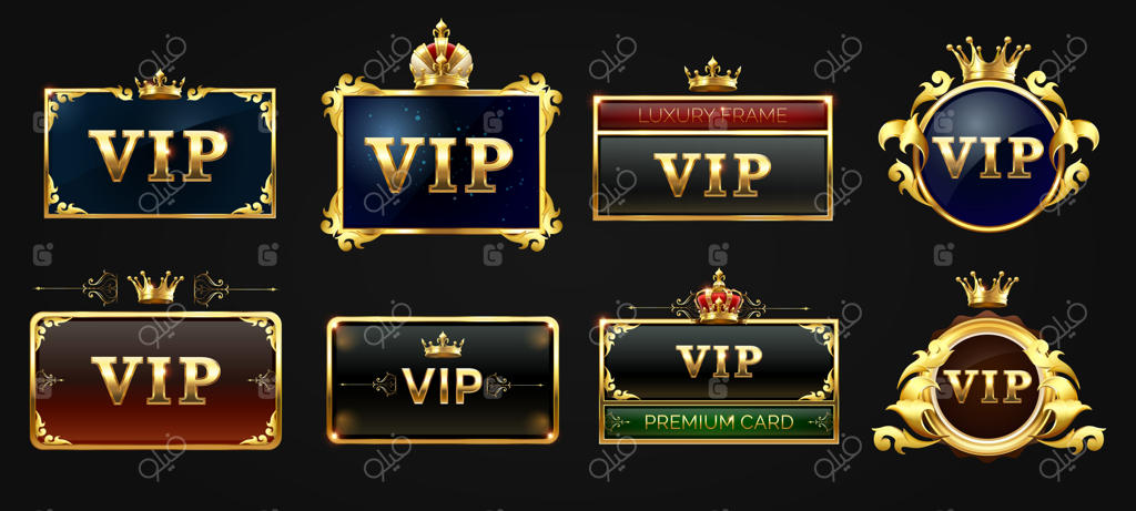 مجموعه برچسب‌های VIP مشکی با حاشیه مربعی طلایی درخشان و تاج