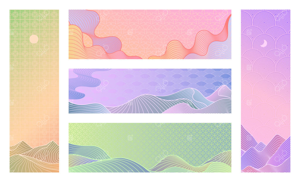 نقاشی خطی از منظره: کوه‌ها و تپه‌های ساده با الگوهای سنتی آسیایی و قالب‌های بنری با گرادیان پاستلی به سبک‌های سنتی ژاپنی، چینی و کره‌ای