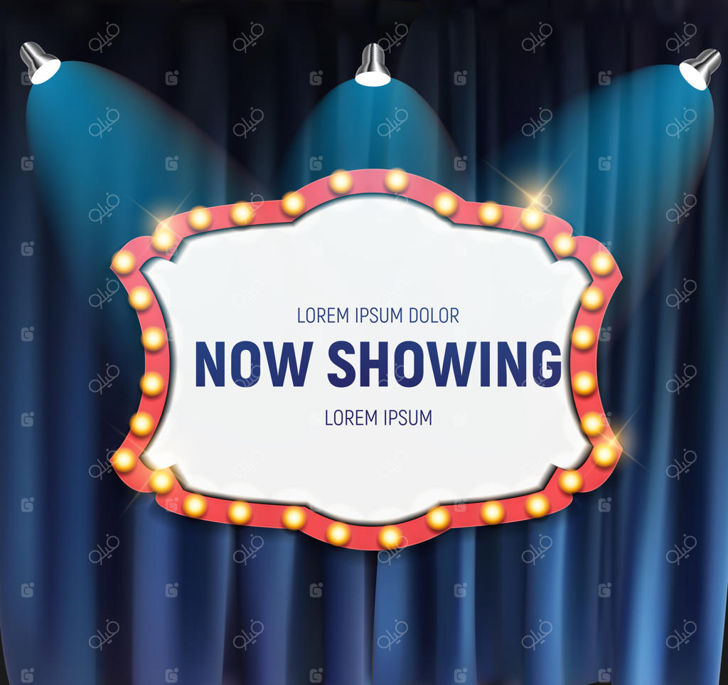 تابلو اعلانات سینمای رترو با قاب لامپ روی پس‌زمینه پرده‌ها. تصویرسازی