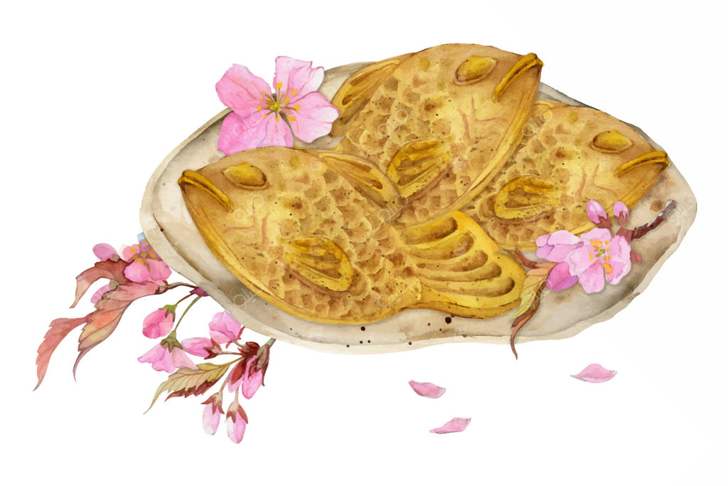 آبرنگ نقاشی شده دست ساز شیرینی‌های سنتی ژاپنی در ظرف سرامیکی تایاکی و شکوفه‌های گیلاس برای طراحی کارت دعوت، منوی رستوران، کارت تبریک و چاپ پارچه