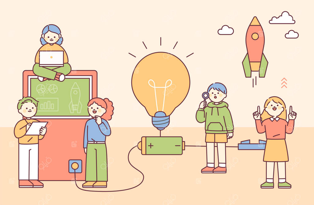 کودکان در حال اتصال باتری‌ها، ماشین‌ها و لامپ‌ها و انجام آزمایش‌های علمی هستند.