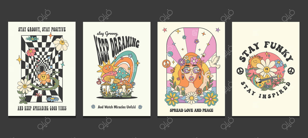 پوسترهای هیپی و گرووی دهه ۷۰ با طرح‌های کارتونی سایکدلیک، تصویرسازی وکتور