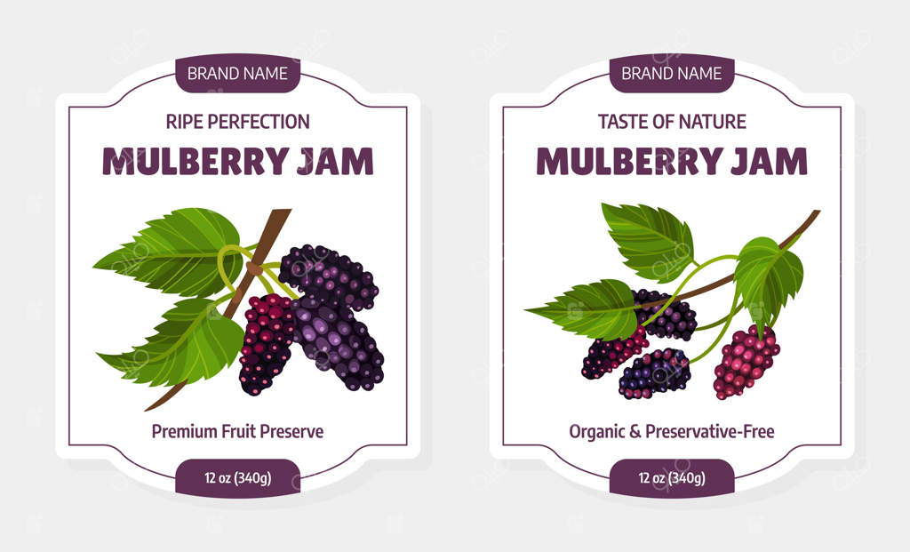 طراحی برچسب یا استیکر برای مربای توت با قالب باغ میوه‌دار