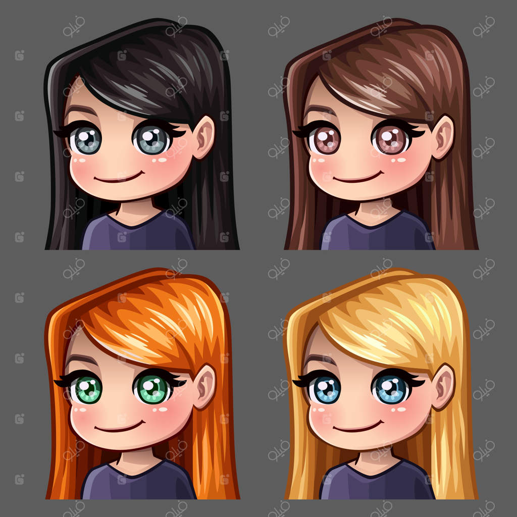 آیکون‌های احساسی لبخند زنانه با موهای بلند برای شبکه‌های اجتماعی و برچسب‌ها