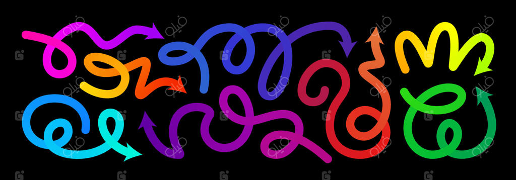 مجموعه خطوط گرادیان: فلش‌های پیچیده و موج‌دار. نماد تغییر منحنی کارناوال. الگوی صعود، عنصر قلم شکل خلاقانه. حرکات مارپیچ سه‌بعدی با رنگ‌های متنوع و خطوط اسپیرال حلقه‌ای. نقاشی پرجنب‌وجوش و انتزاعی.
