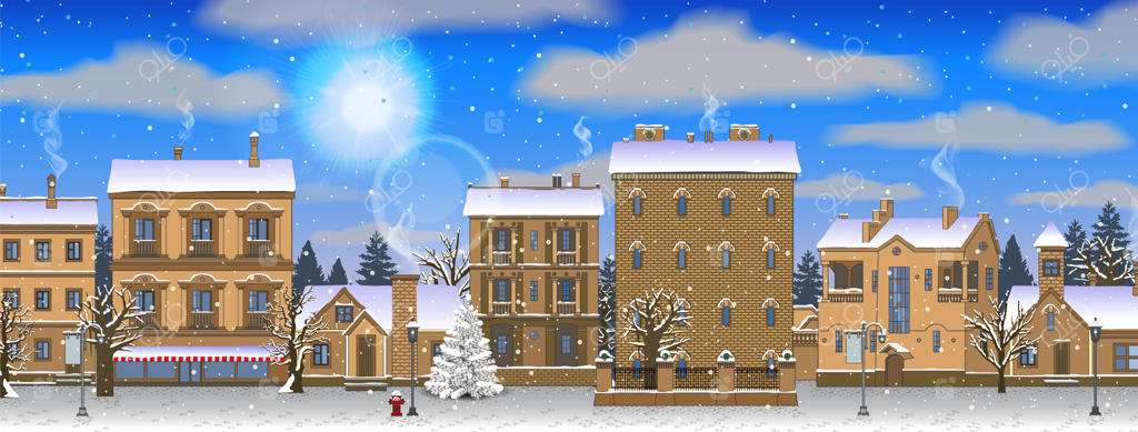 چشم‌انداز شهری زمستانی و کریسمسی افقی. روز آفتابی و آسمان روشن.