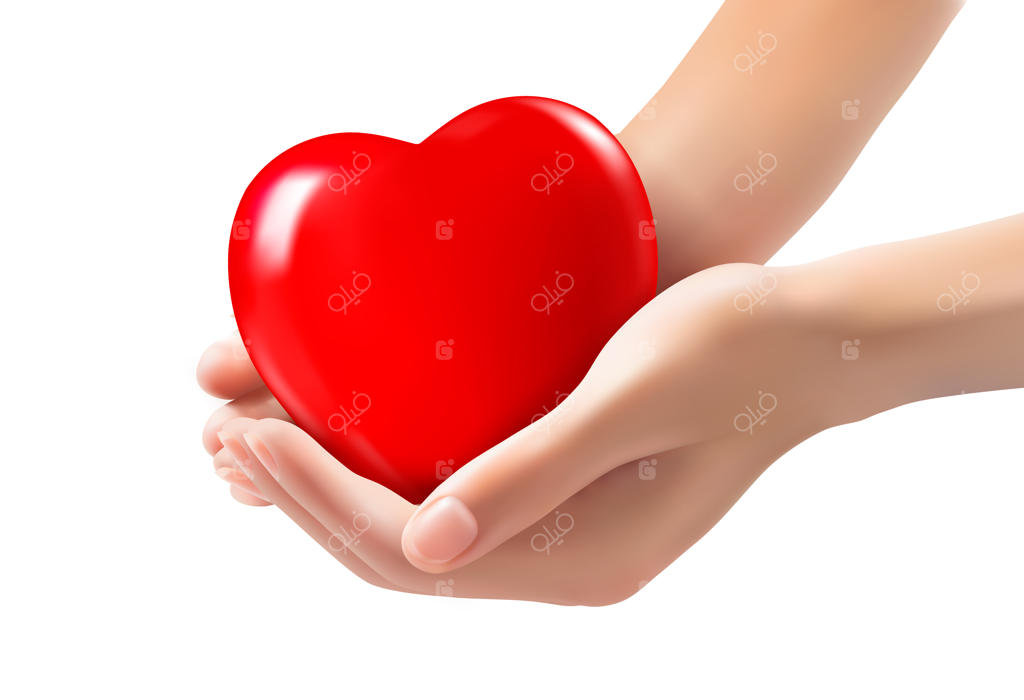 دستانی که قلب قرمزی را در دست گرفته‌اند، بر روی زمینه سفید.