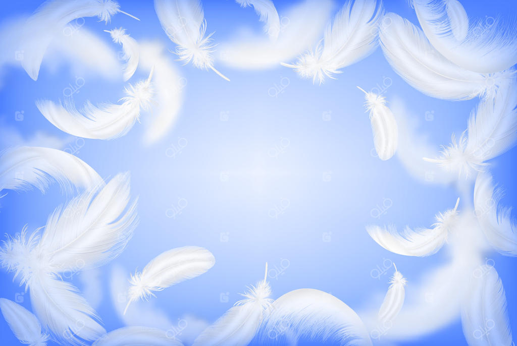 پرهای سفید شناور بر پس‌زمینه آسمان آبی