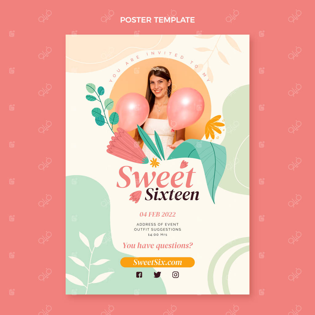 قالب پوستر عمودی برای جشن شانزدهمین سالگرد تولد