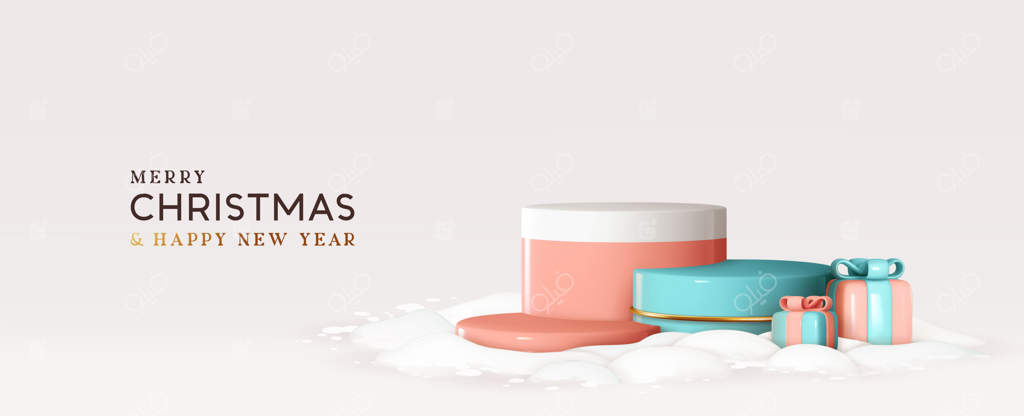 صحنه کریسمسی: پودیوم سه‌بعدی با رنگ‌های صورتی و آبی، همراه با برف و هدایای سفید. پس‌زمینه‌ای مینیمال برای سال نو. قالبی مدرن و خلاقانه برای بنر و پوستر.
