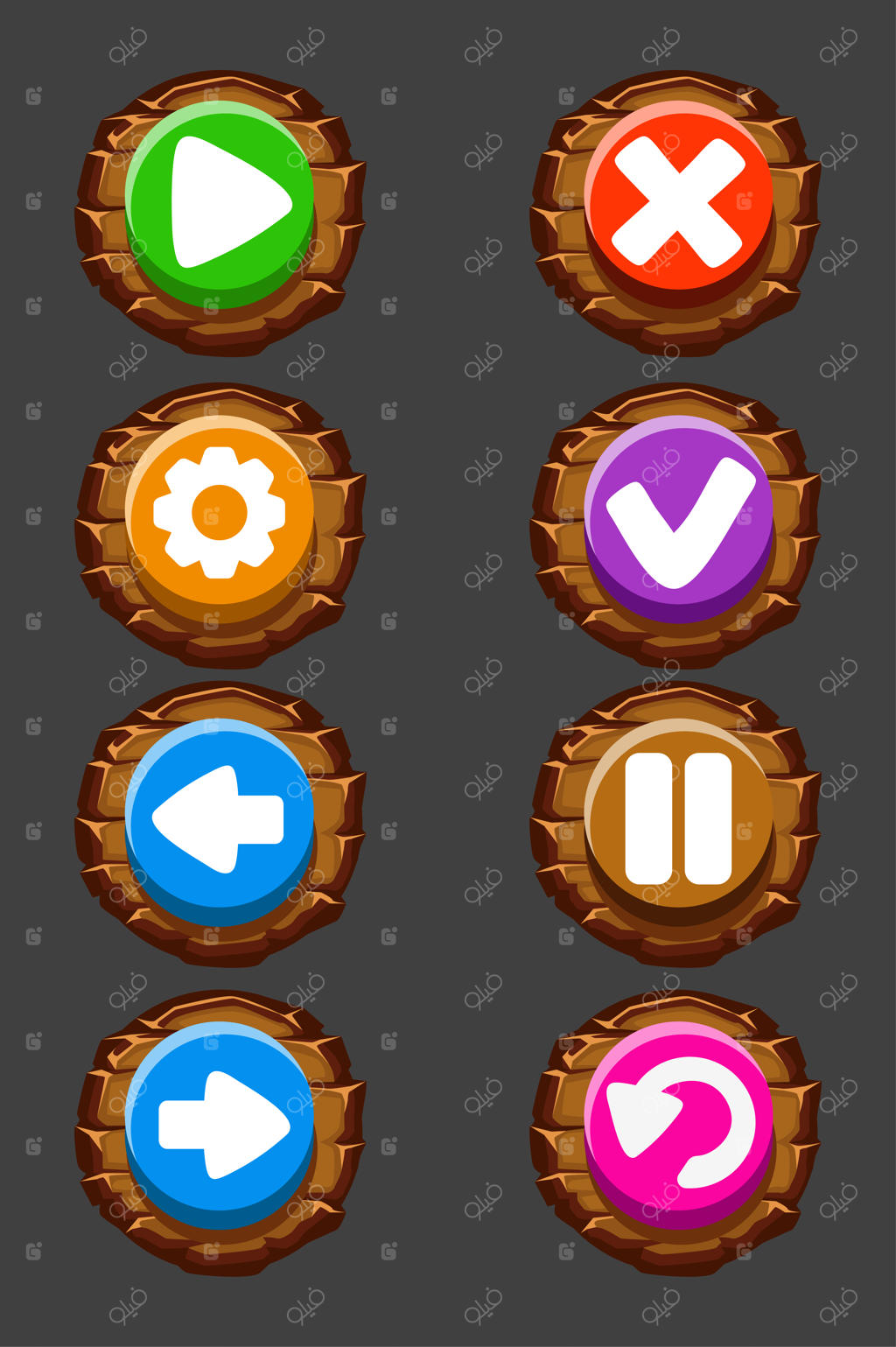 مجموعه‌ای از دکمه‌های چوبی وکتور برای بازی، آیکون‌ها یا نمادهای گرد و جداگانه.