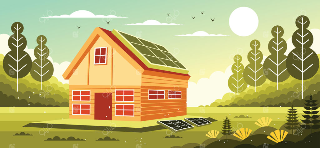 تصویر خانه با پنل‌های خورشیدی