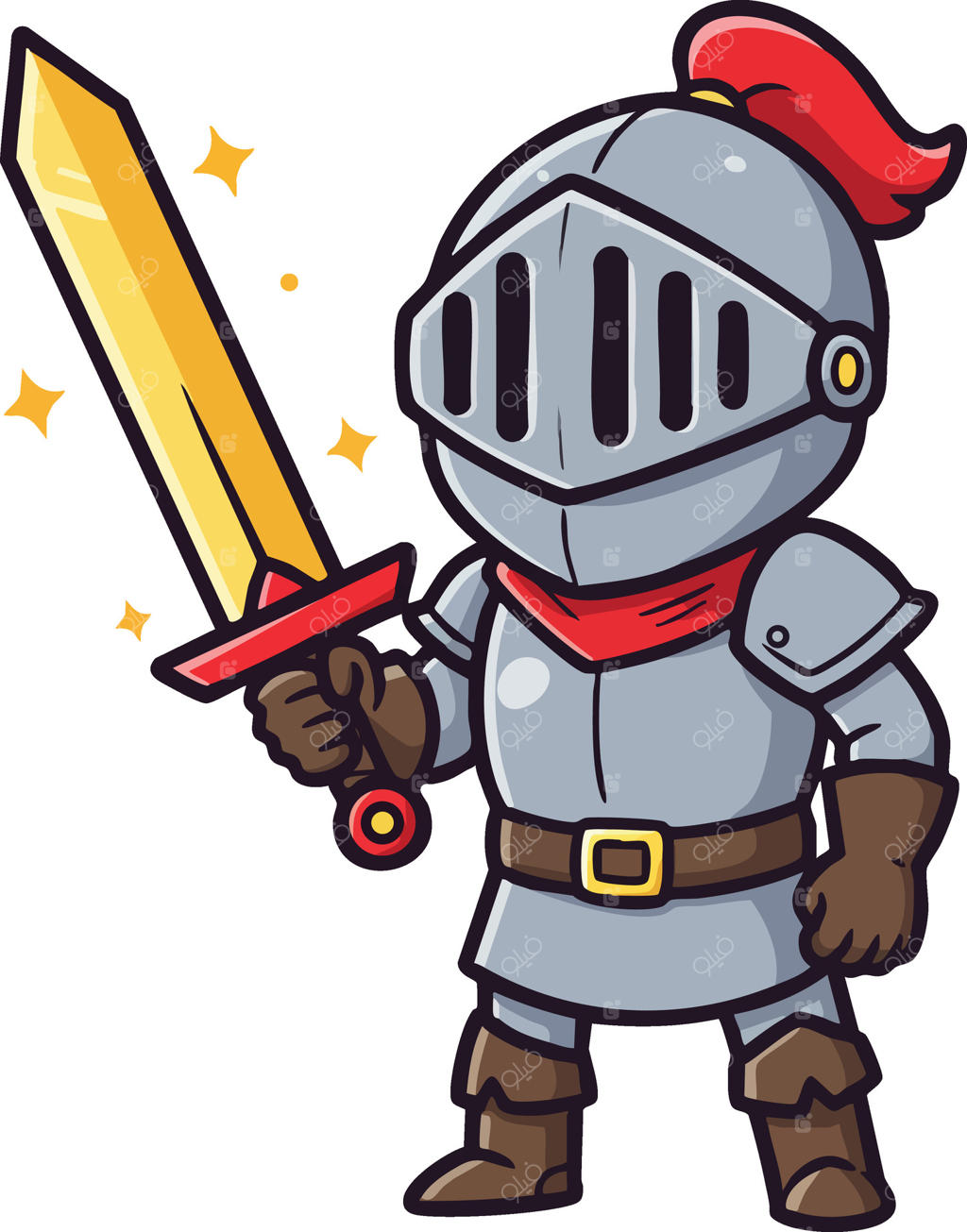 تصویر یک شوالیه کارتونی با زره براق و شمشیر طلایی درخشان با لباس قرون وسطایی و پر قرمز