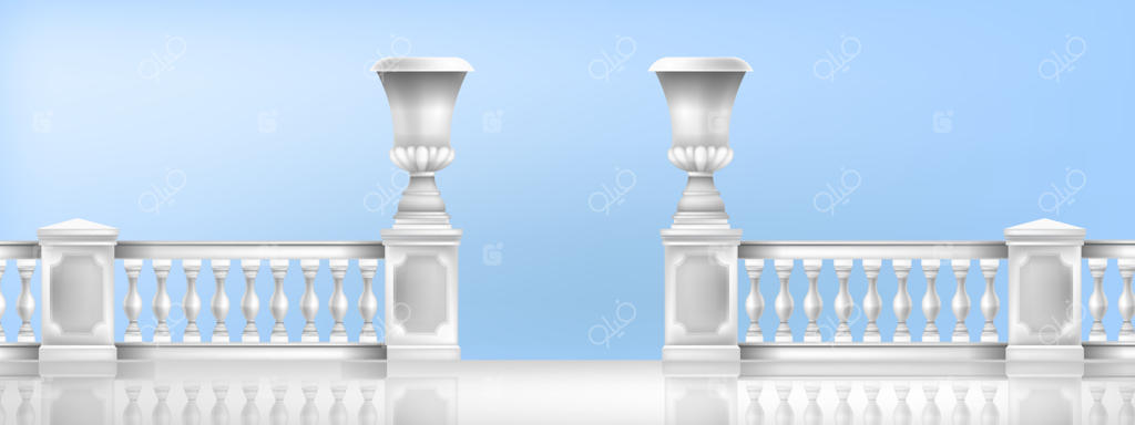 نرده کلاسیک، گلدان‌های مرمری مدیترانه‌ای، نرده‌های سفید تراس بالکن - تصویرسازی.