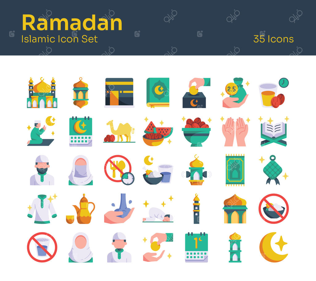 مجموعه آیکون‌های رمضان با نمادهایی از فانوس، مسجد و خرما. ایده‌آل برای طراحی‌های جشن، پست‌های شبکه‌های اجتماعی و تبلیغات ویژه تعطیلات. نمادها و عناصر اسلامی برای طراحی و تزئین.