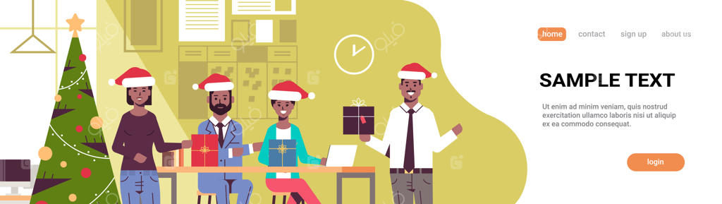 جشن همکاران در دفتر: افراد کسب‌وکار در حال برگزاری مهمانی با هدایای کریسمس و سال نو مبارک – صفحه فرود دفتر مدرن