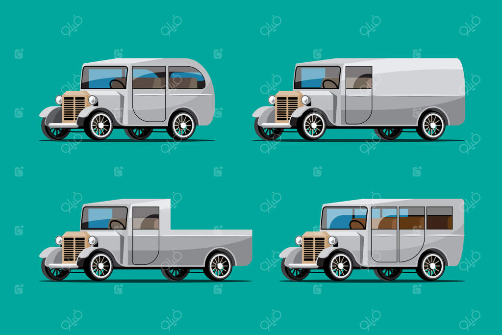 مجموعه‌ای از خودروهای عتیقه در سبک رترو روی زمینه سبز