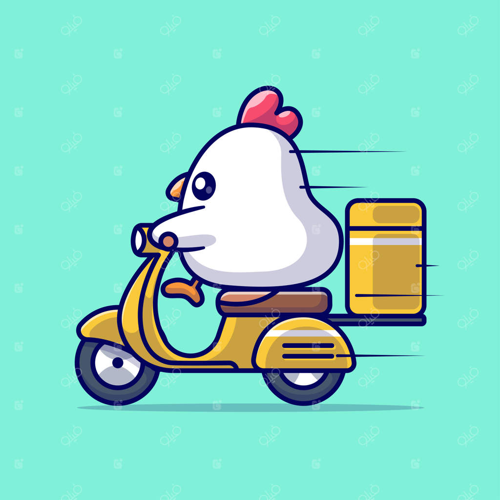وکتور کاریکاتور بامزه بسته‌بندی جوجه با اسکوتر - حمل و نقل حیوانات