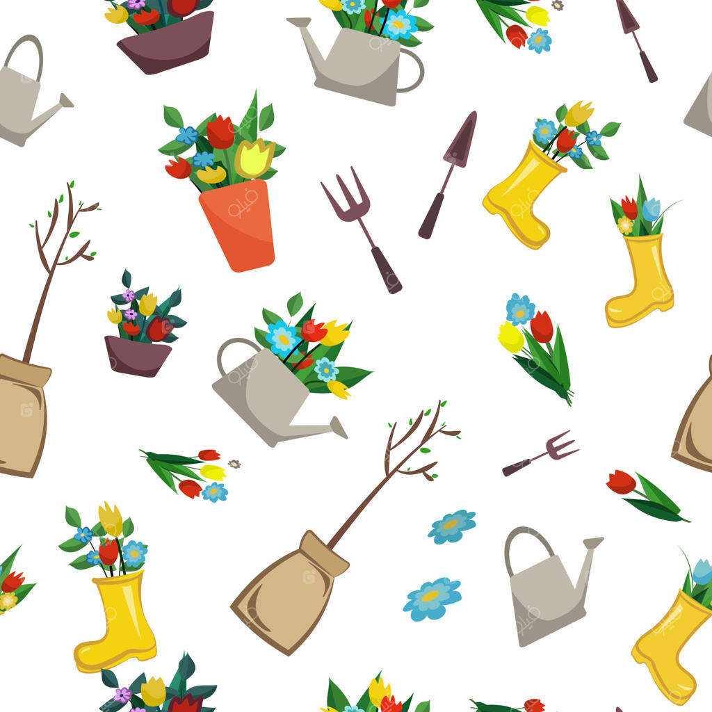 ابزار باغبانی با طرح گل: آب‌پاش، نشا، و گلدان‌ها - تصویر برداری وکتور