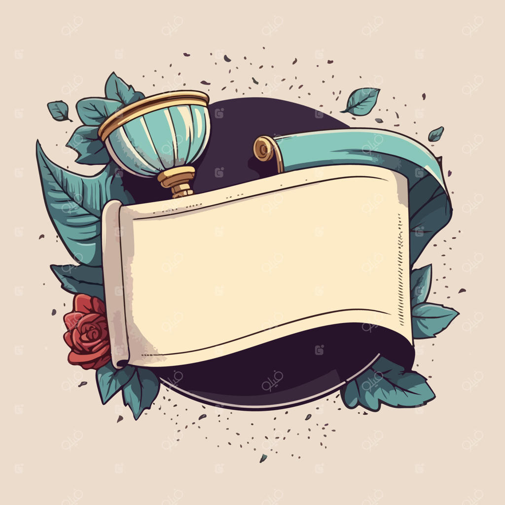 قالب بنر با طومار، برگ‌ها، گل رز و جام. پوستر دکوراتیو قدیمی، قاب، کارت.