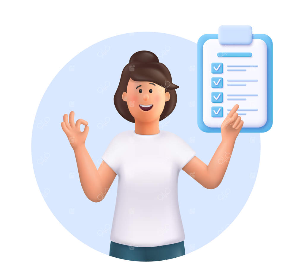 جین جوان به سمت علامت‌گذاری‌شده توسط چک‌لیست اشاره می‌کند - تصویر سه‌بعدی