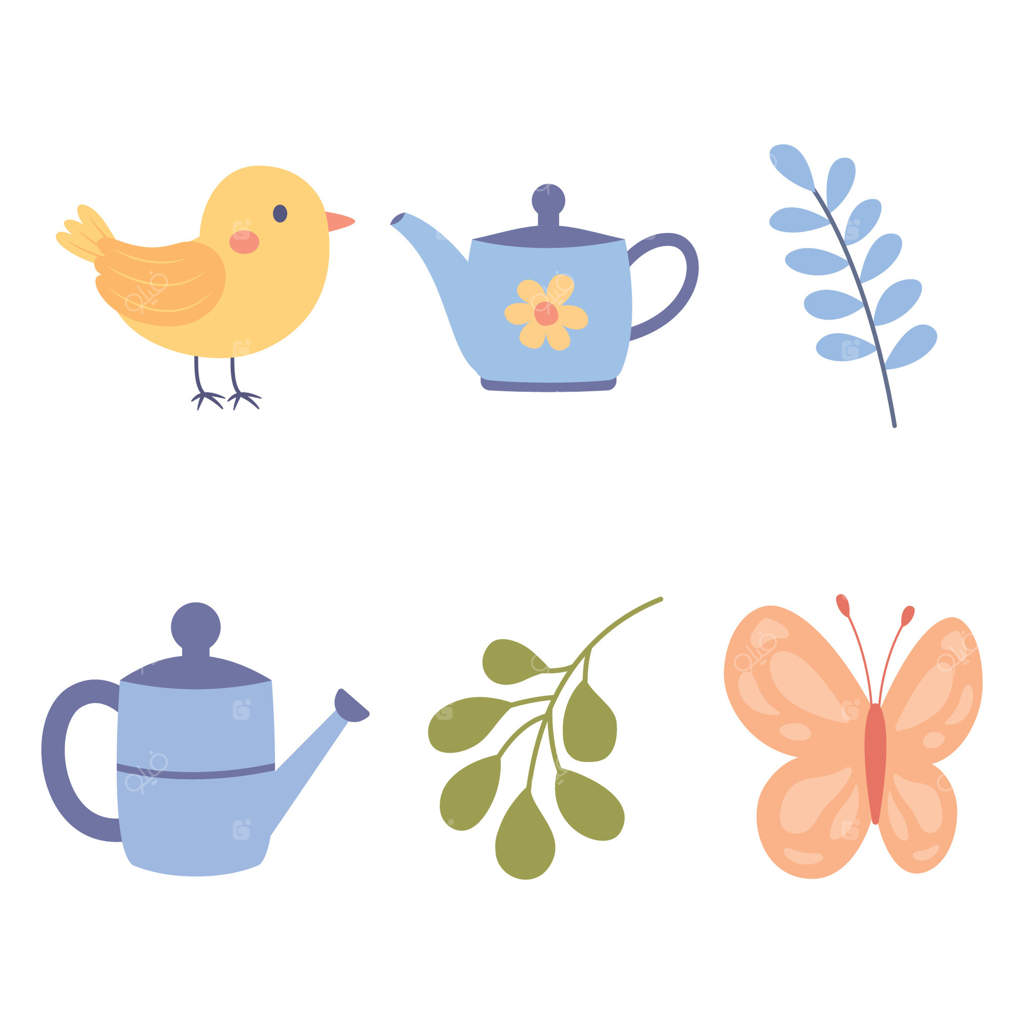 عناصر مجموعه پرنده، پروانه با گل و گیاه و آب دادن در باغچه