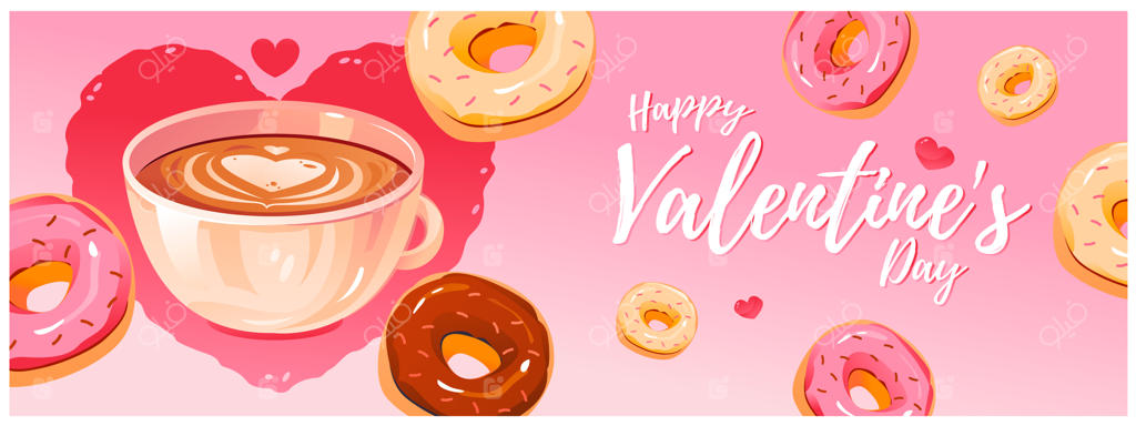 قهوه با قلبی از فوم و دونات. دسر ویژه روز ولنتاین. قالبی برای بنر وب‌سایت