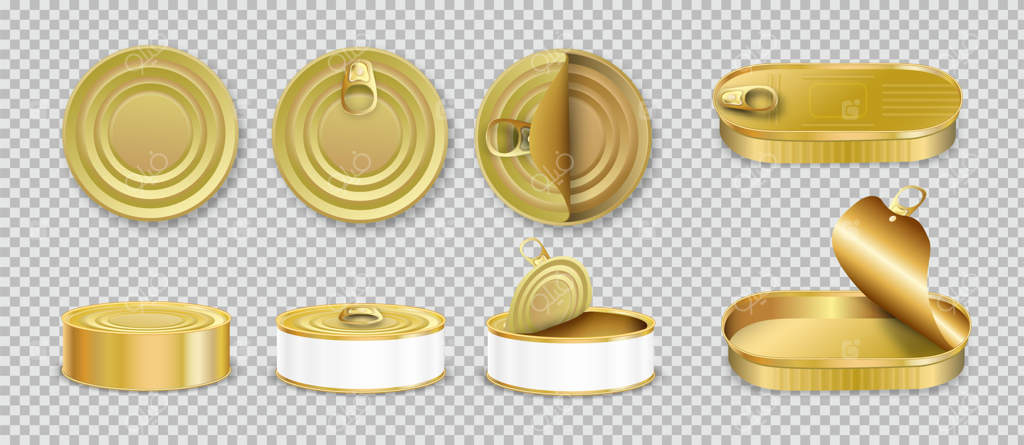 مجموعه آیکون‌های واقعی قوطی آلومینیومی با تصاویر جداگانه از ظروف فلزی زرد بر روی پس‌زمینه شفاف، وکتور نموداری