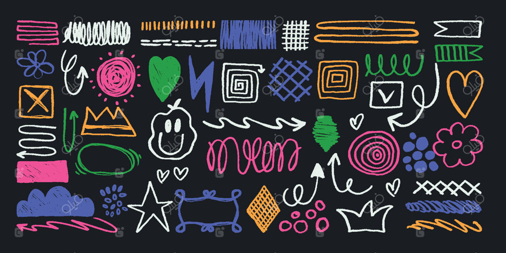 عناصر نقاشی شده رنگارنگ روی زمینه تیره: مجموعه‌ای از پیکان‌ها، قلب‌ها، گل‌ها، ستاره‌ها، خط خطی‌ها و اشکال هندسی دستی.