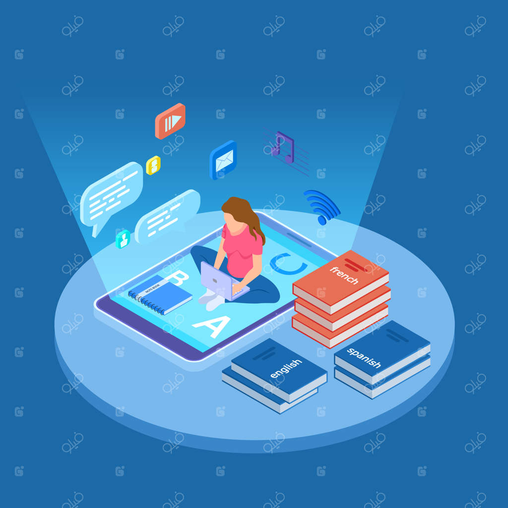 زن به‌صورت آنلاین زبان‌ها را آموزش می‌دهد - تصویر ایزومتریک