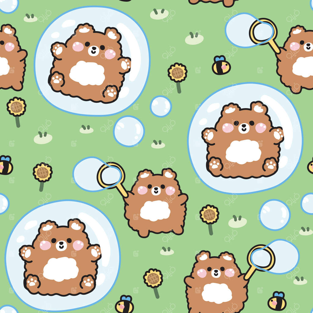 پترن یکپارچه با طرح خرس عروسکی بامزه که در حال بازی با حباب صابون در باغ آفتابگردان است. خرس درون حباب با زنبور. طراحی کارتون شخصیت حیوانات وحشی. کاوایی. تصویرسازی.