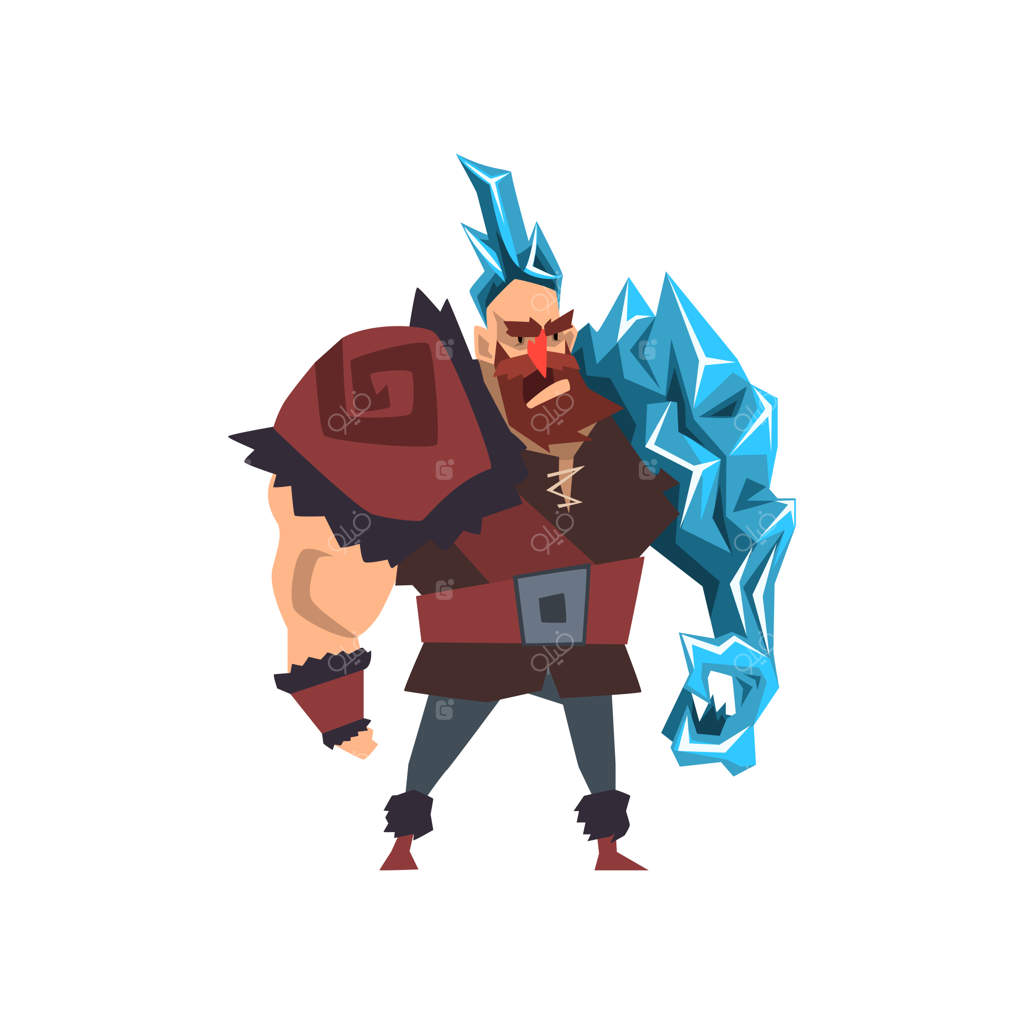 تصویر‌سازی شخصیت موجود جادویی مرد قدرتمند یخی بر روی پس‌زمینه سفید