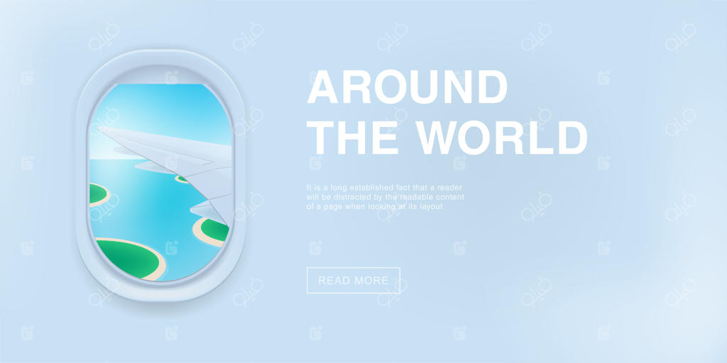 بنری با نمای پنجره هواپیما؛ طرح کارتونی با جایگاهی برای متن.