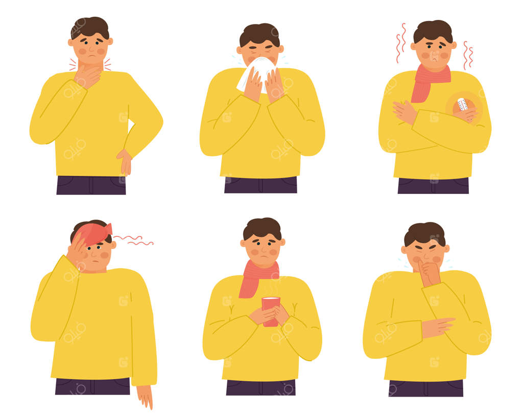 فرد بیمار: سردرد، التهاب لوزه، تب، سرفه، آبریزش بینی. فصل سرماخوردگی. علائم آنفولانزا، بیماری‌های ویروسی، ویروس کرونا. تصویرسازی برداری، طراحی ساده.