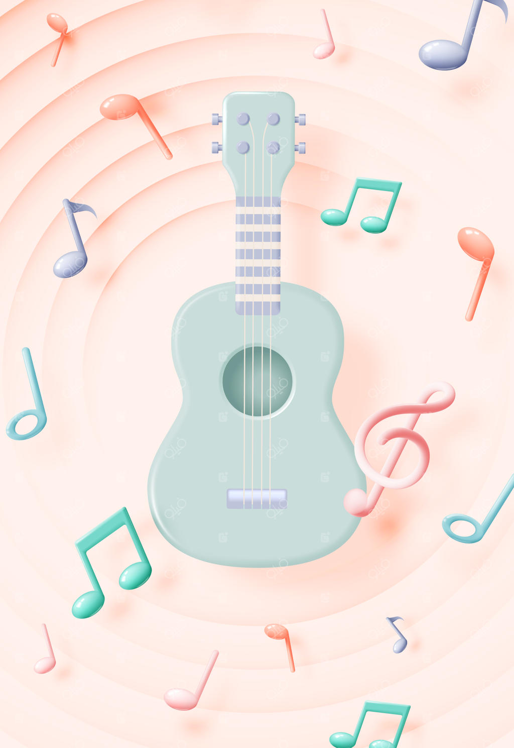 گیتار یا یوکللی با نت‌های موسیقی و ملودی آهنگ - طرح سه‌بعدی وکتور واقع‌گرایانه