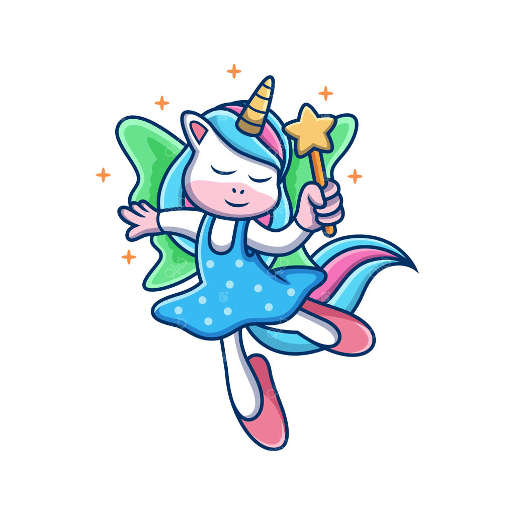 یونیکورن بامزه با پس‌زمینه رنگین‌کمان و آسمان - تصویر وکتور حیوانات، جدا شده در وکتور ممتاز