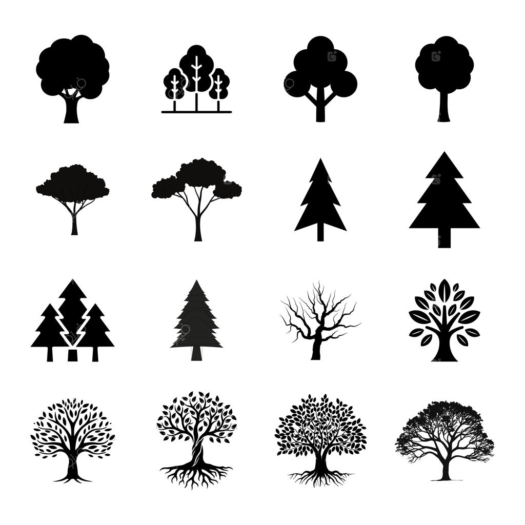 آیکون‌های سیاه انواع درخت، کاملاً قابل ویرایش و تغییر شکل