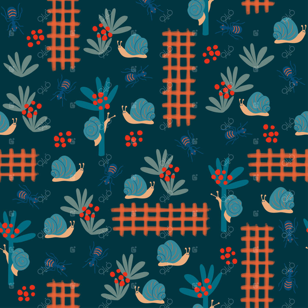 پترن یکپارچه طبیعی: گیاهان انتزاعی جنگل، حلزون‌ها و مورچه‌ها، پس‌زمینه آبی تیره. وکتور