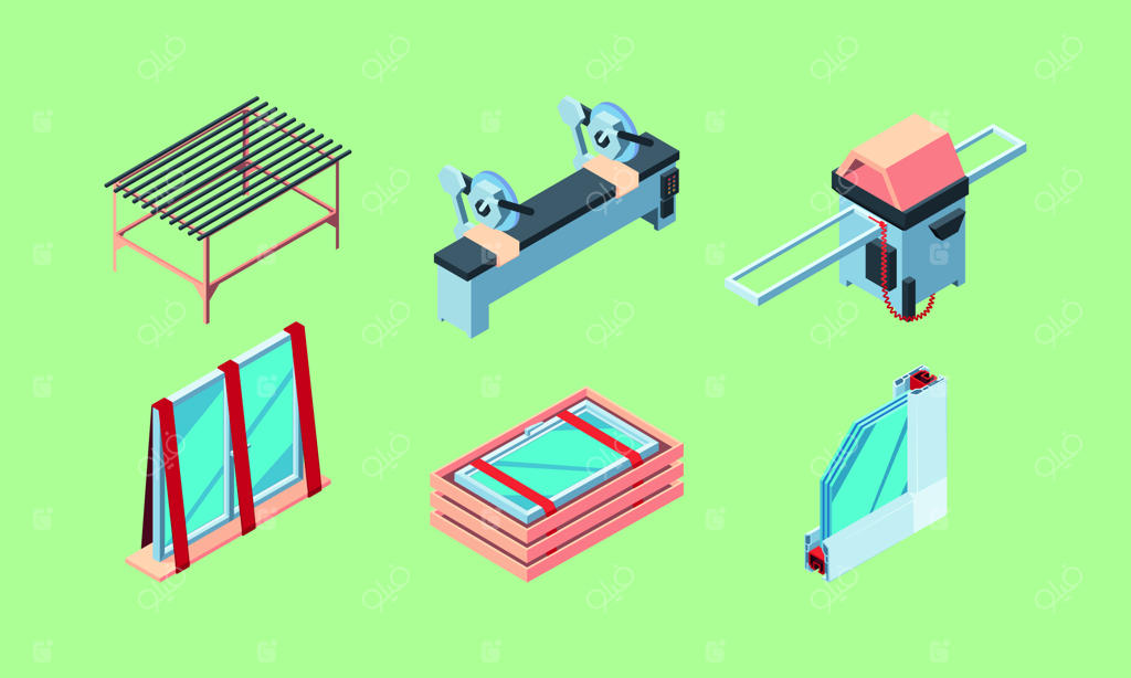 نصب پنجره: مجموعه‌ای از تصاویر ایزومتریک کارگر در حال نوسازی داخلی با پنجره‌های پلاستیکی PVC مدرن و نصب درب‌ها و تخته‌های گچی