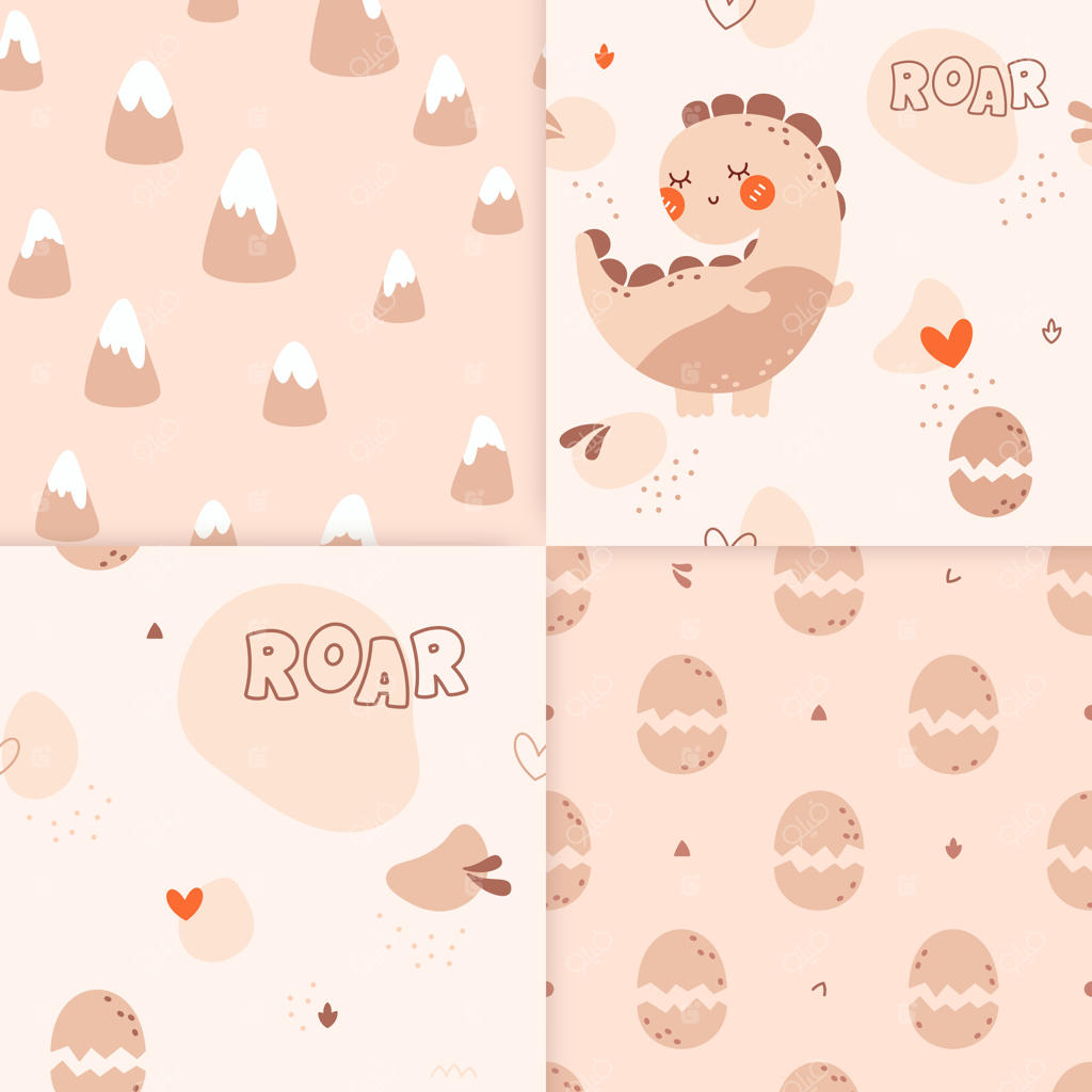 مجموعه‌ای از چهار پترن یکپارچه کودکانه به سبک کاوایی با رنگ‌های ملایم و بوهمیایی شامل دایناسورها، کوه‌های برفی، قلب‌ها، تخم‌های هیولا و لکه‌های رنگی.