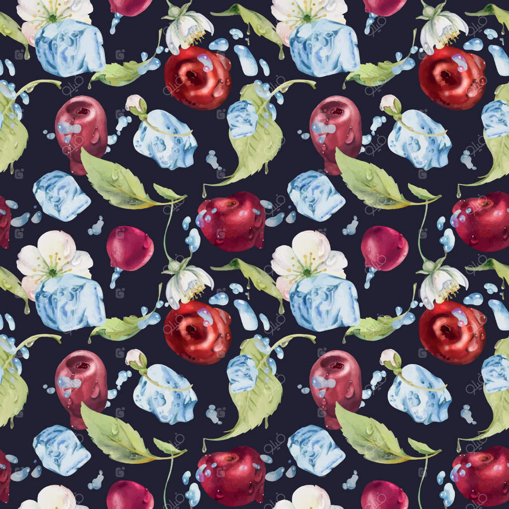 گیلاس ترش و شیرین در حال پرواز در قطرات آب، تصویرسازی آبرنگی با دست، باغ قرمز، برگ و گل‌های سفید. پترن یکپارچه. منوی کافه دسر رستوران، بازار کشاورزان.