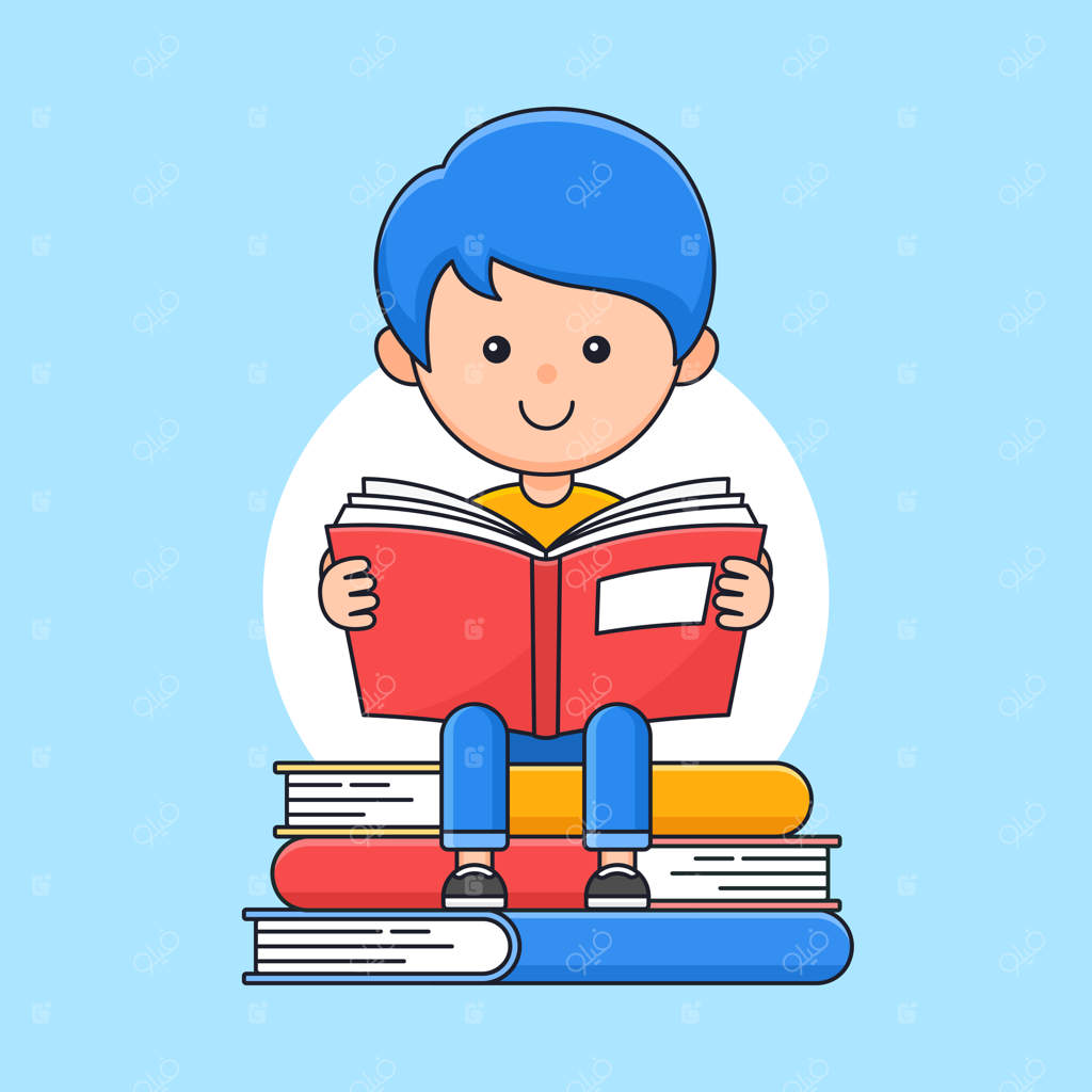 پسر شاد کتاب می‌خواند و روی مجموعه‌ای از کتاب‌ها نشسته است (طرح کارتونی)