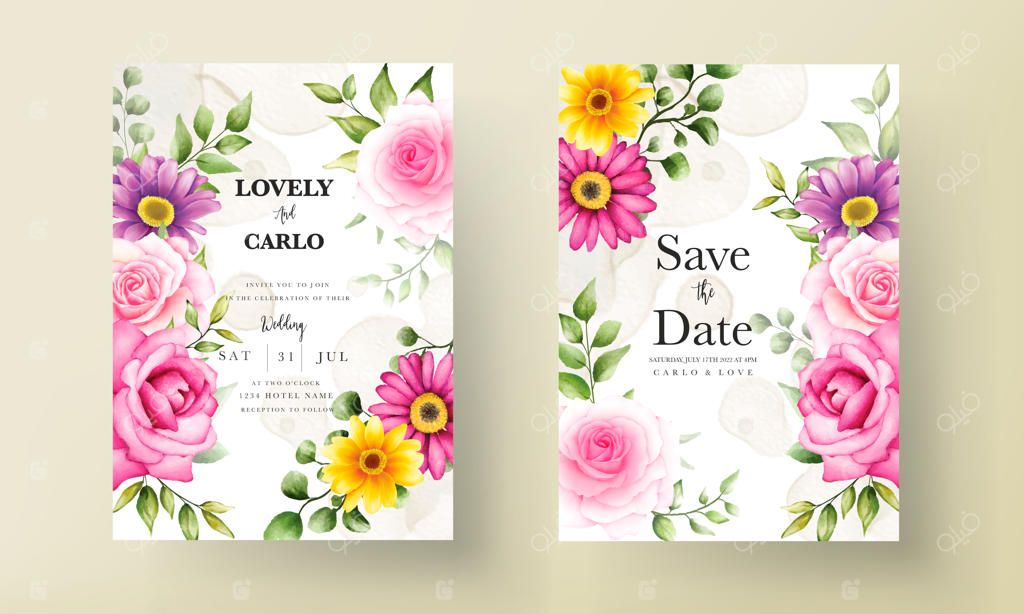 کارت دعوت عروسی با طرح گل های آبرنگی و نقاشی دستی زیبا