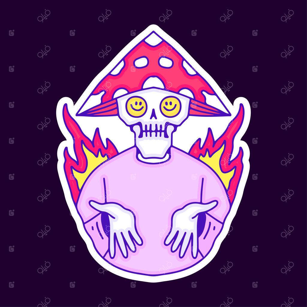 تصویرسازی کارتونی جمجمه جذاب با کلاه قارچی و آتش، طرح برای تیشرت و استیکر